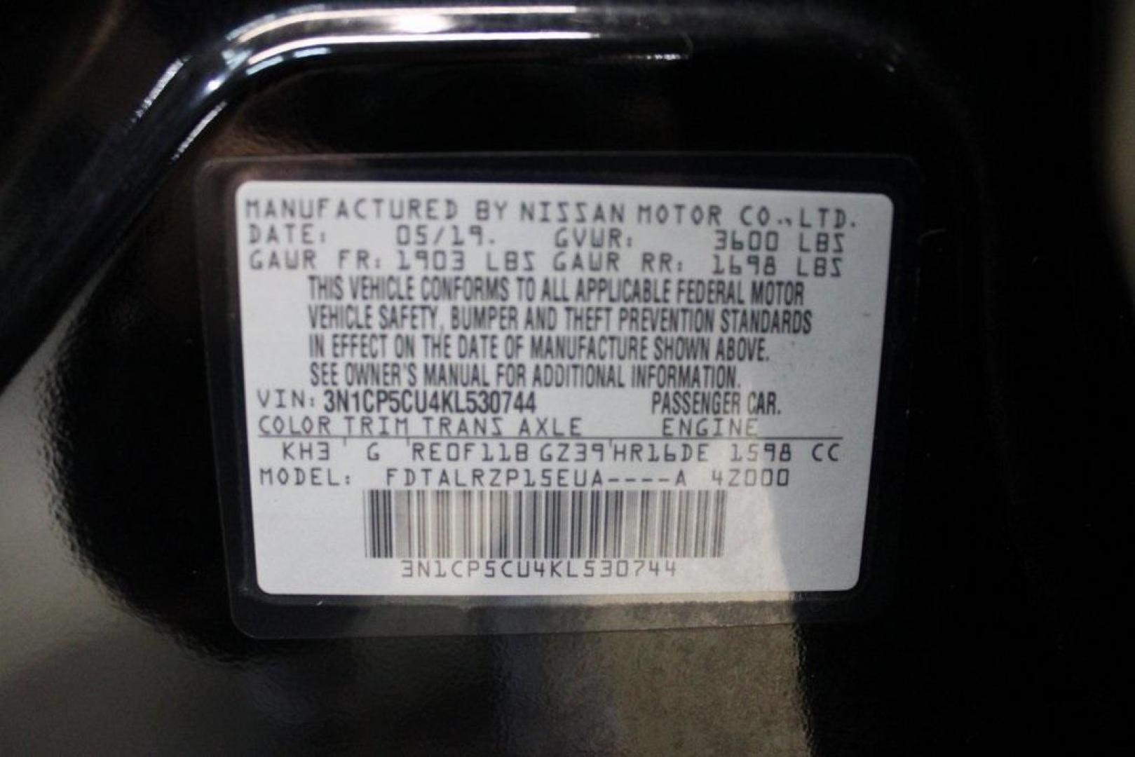 2019 Super Black /Charcoal Nissan Kicks S (3N1CP5CU4KL) with an 1.6L 4-Cylinder DOHC 16V engine, CVT transmission, located at 15300 Midway Rd., Addison, TX, 75001, (972) 702-0011, 32.958321, -96.838074 - Photo#29