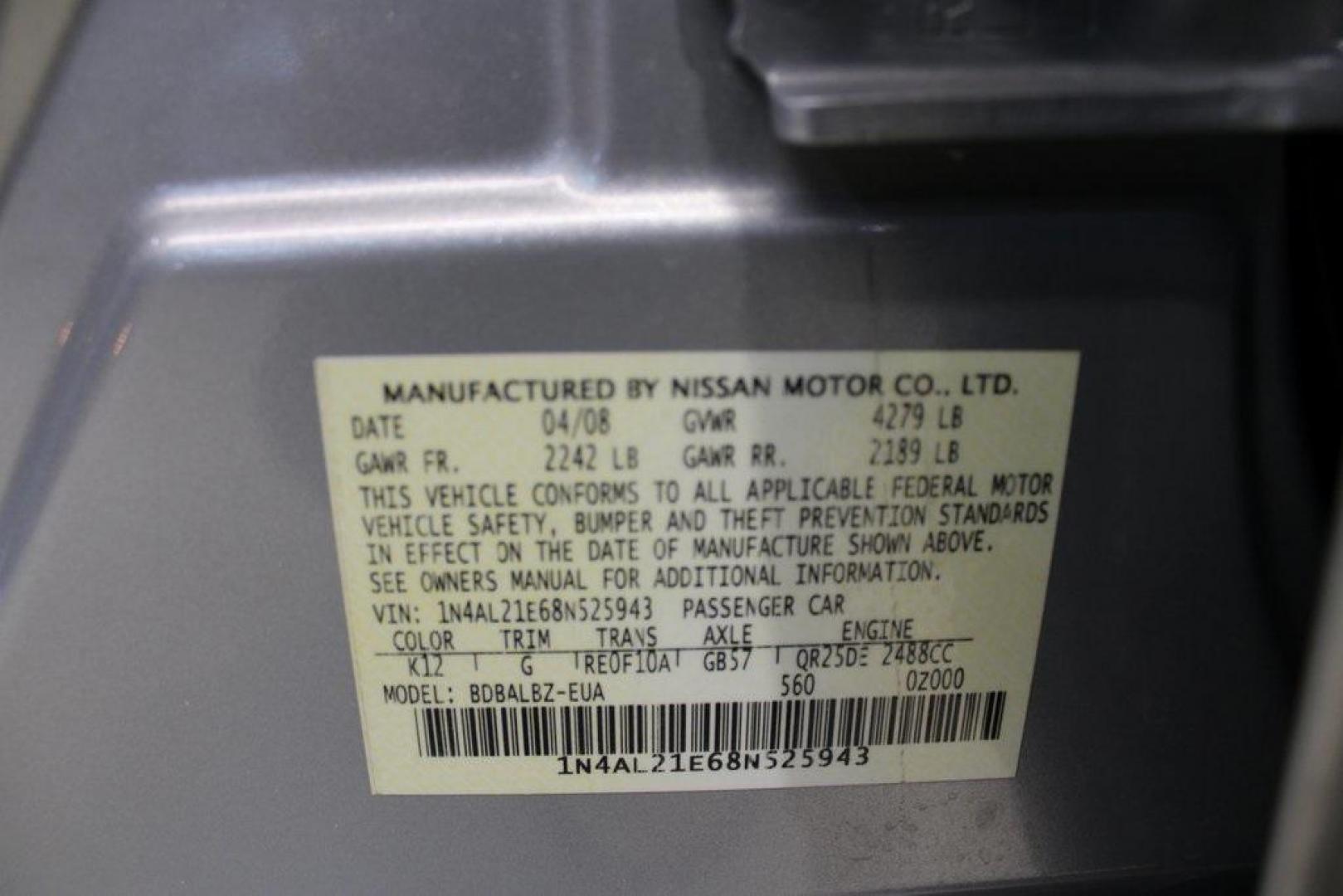 2008 Silver Lightning Metallic /Charcoal Nissan Altima 2.5 SL (1N4AL21E68N) with an 2.5L I4 SMPI DOHC engine, CVT transmission, located at 15300 Midway Rd., Addison, TX, 75001, (972) 702-0011, 32.958321, -96.838074 - HOME OF THE NO HAGGLE PRICE - WHOLESALE PRICES TO THE PUBLIC!! Altima 2.5 SL, 4D Sedan, 2.5L I4 SMPI DOHC, CVT, FWD, Silver Lightning Metallic, Charcoal w/Leather Appointed Seats.<br><br>Silver Lightning Metallic 2008 Nissan Altima 2.5 SL<br><br>23/31 City/Highway MPG<br><br><br>At Midway Auto Group - Photo#28